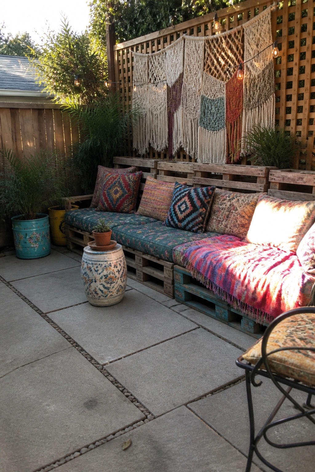 Bohemian patio with pallet sofa, colorful pillows, macrame hangings, string lights, and potted plants.