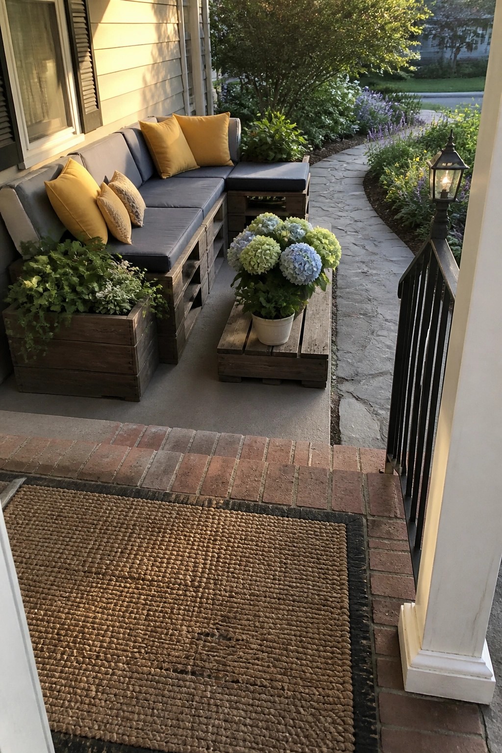 A wooden pallet sectional sofa with gray cushions and yellow pillows sits on a concrete porch beside a matching pallet table holding a pot of hydrangeas.