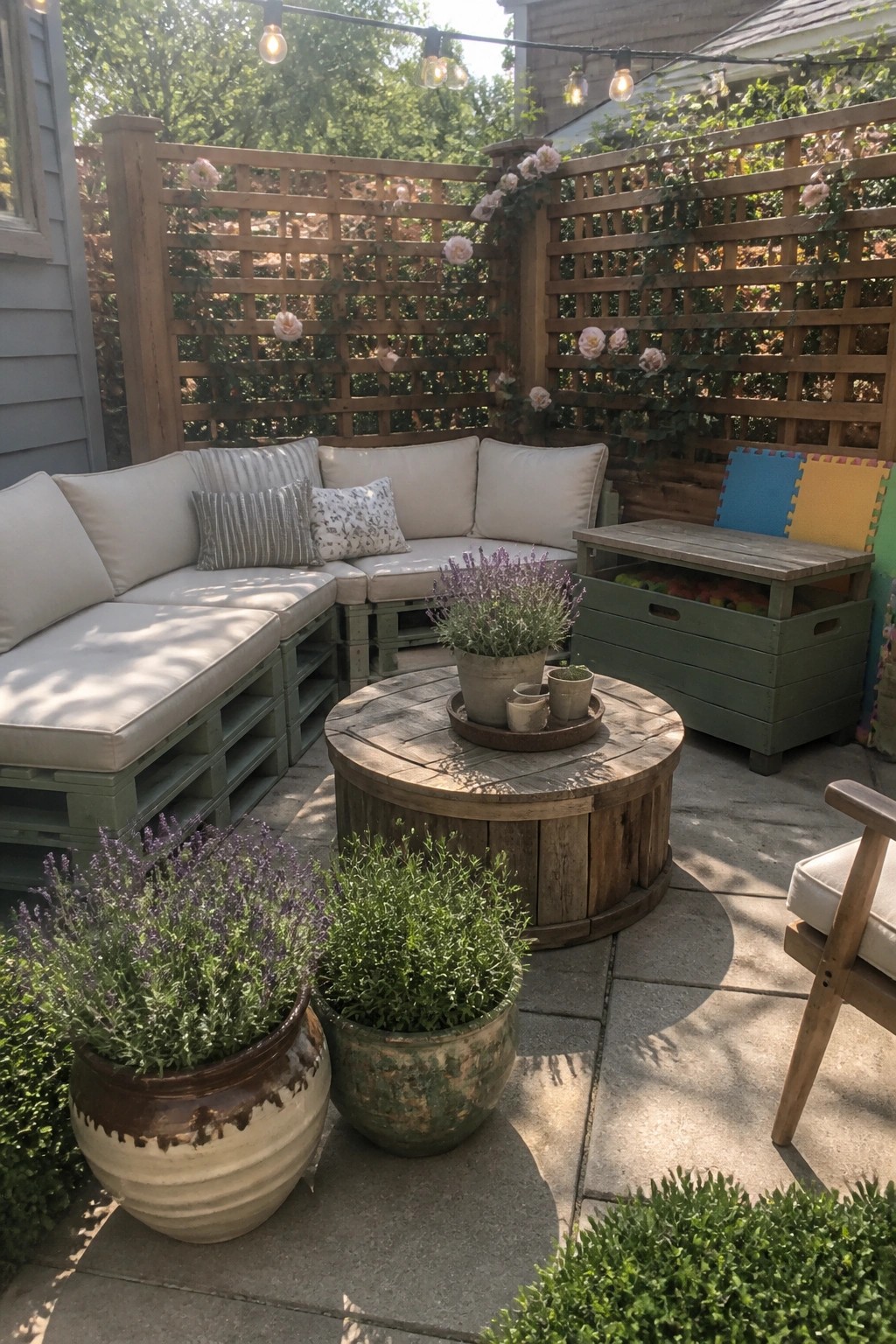 An outdoor patio with L-shaped pallet seating covered in white cushions, a round wooden spool table in the center, and potted lavender plants nearby.
