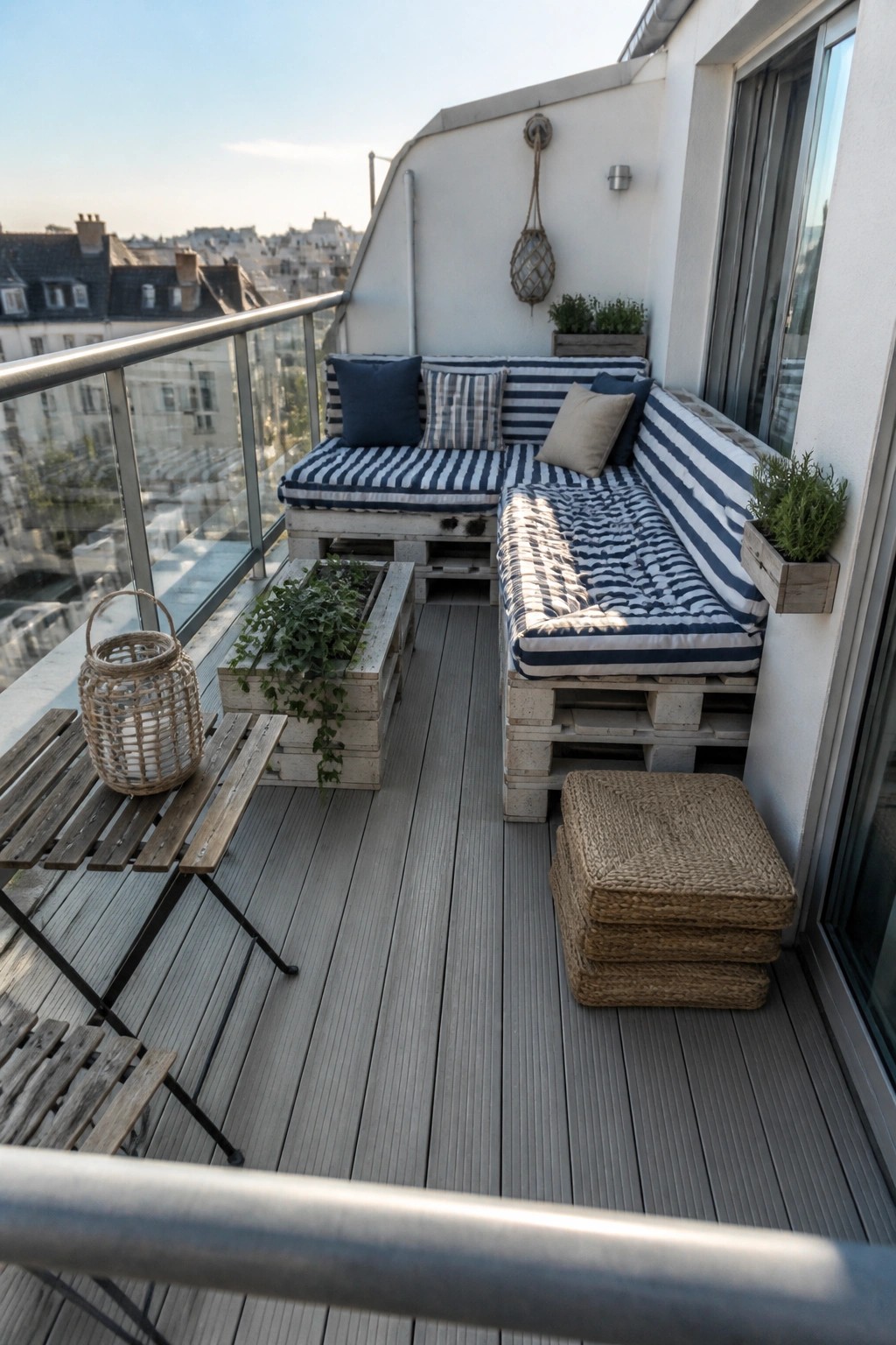 A balcony furnished with L-shaped pallet seating covered in blue and white striped cushions, a small wooden table, woven poufs, and gray decking.