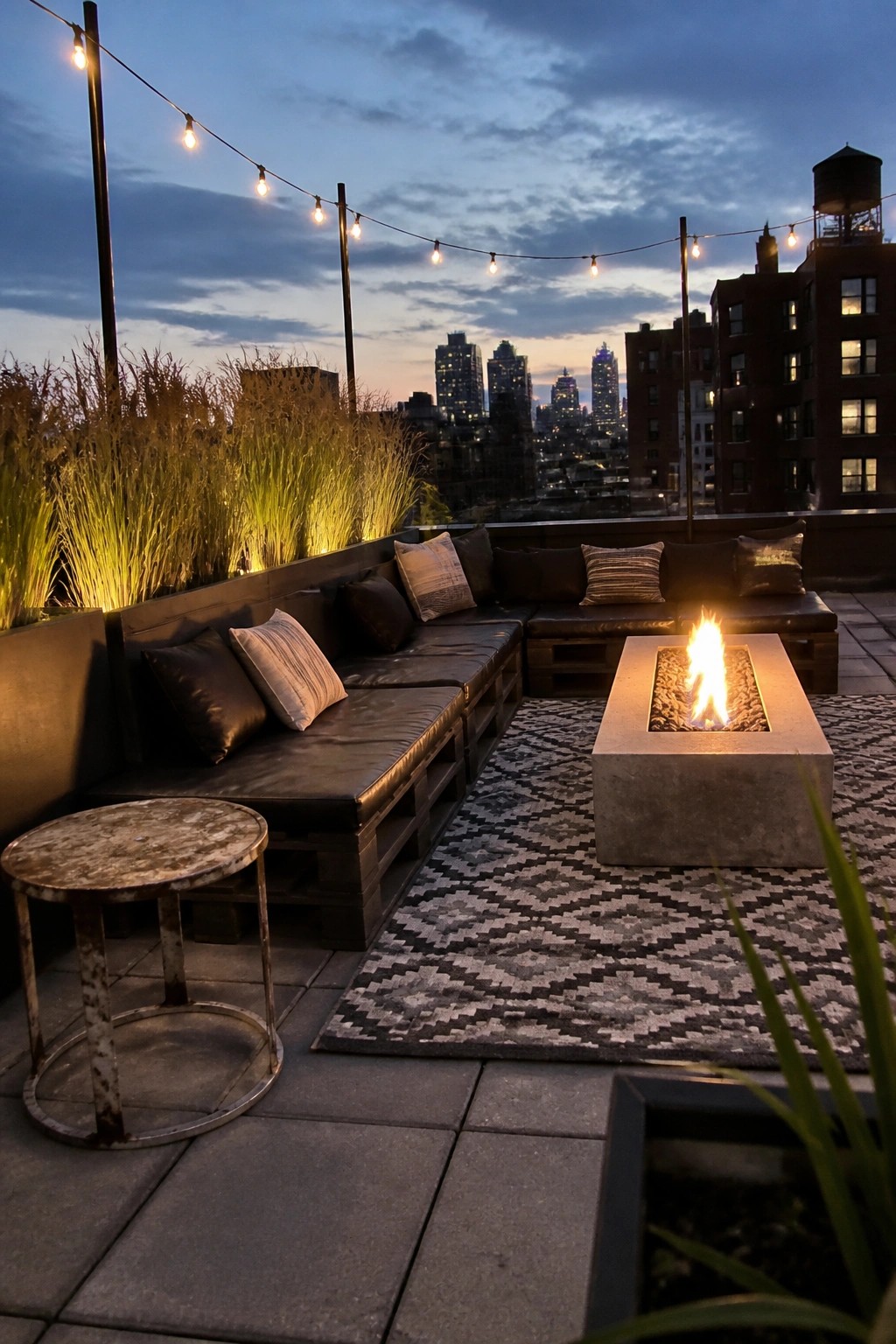 Rooftop patio with L-shaped pallet seating, dark cushions, concrete fire pit on a patterned rug, string lights, and city skyline at dusk.