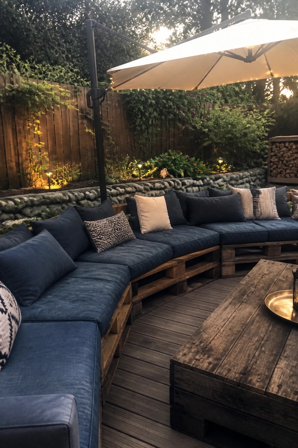 Curved pallet sectional with blue cushions arranged on a wooden deck under a large umbrella, surrounded by a fence and garden.