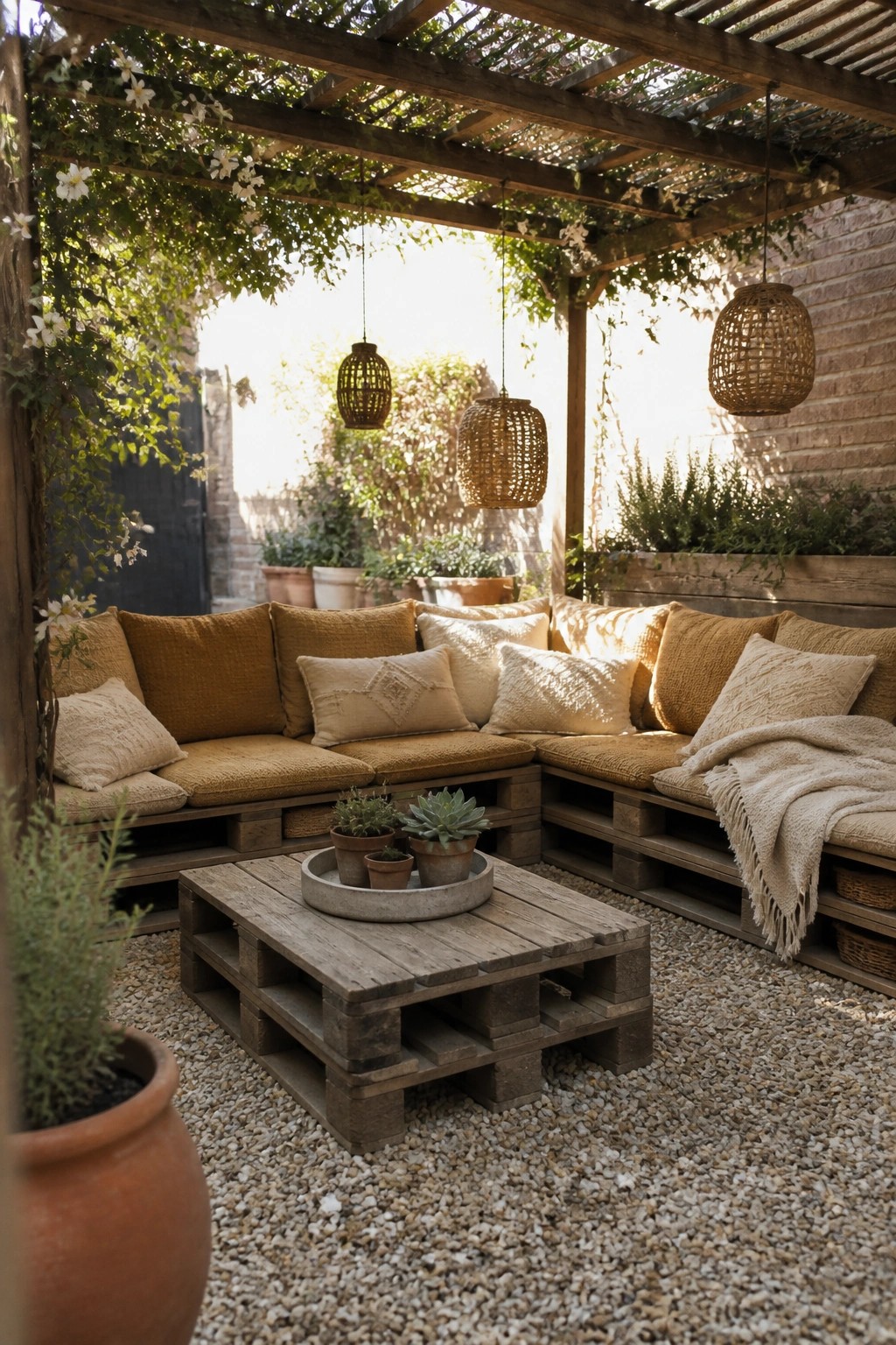 An outdoor patio with L-shaped seating and a low table built from wooden pallets, topped with mustard and beige cushions under a pergola.