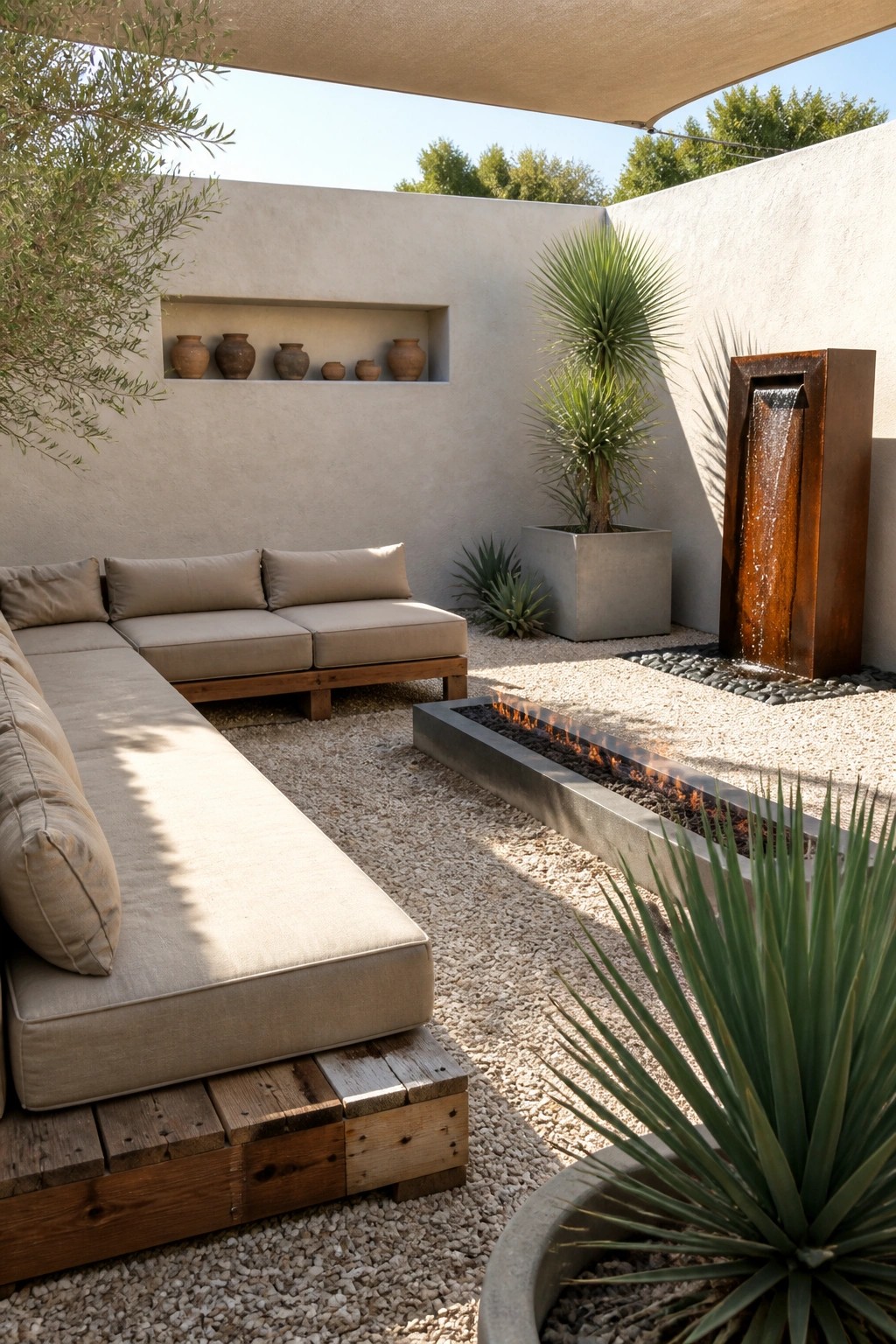 An outdoor patio with modular low seating on wooden pallet-style bases, a long concrete fire pit, a rusted metal water feature, and potted plants on gravel ground.