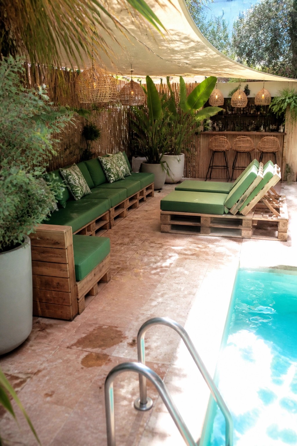Tropical patio with green pallet sofas, lounge chairs, bar, and poolside lounge area.