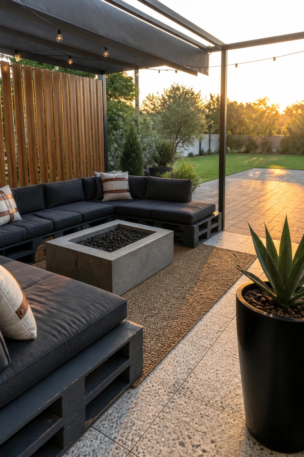 Modern patio with dark pallet sofa, concrete fire pit, rug, and potted plant at sunset
