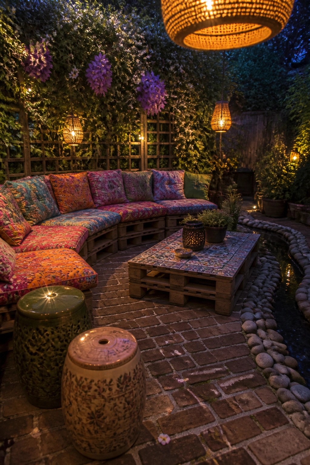 A nighttime patio scene with curved pallet seating covered in colorful cushions, a tiled pallet coffee table, ceramic stools, hanging woven lights, and a small water channel edged with stones.