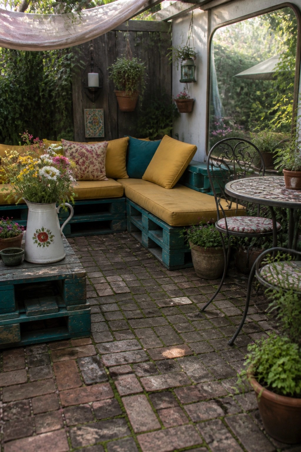 An outdoor patio with L-shaped seating made from painted teal pallets and yellow cushions, a low pallet table holding a white pitcher with flowers, and a small mosaic table with metal chairs.