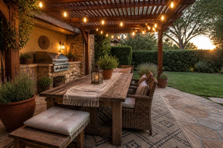 A wooden pergola with string lights over a long dining table and benches on a stone patio, with an outdoor kitchen visible in the background.