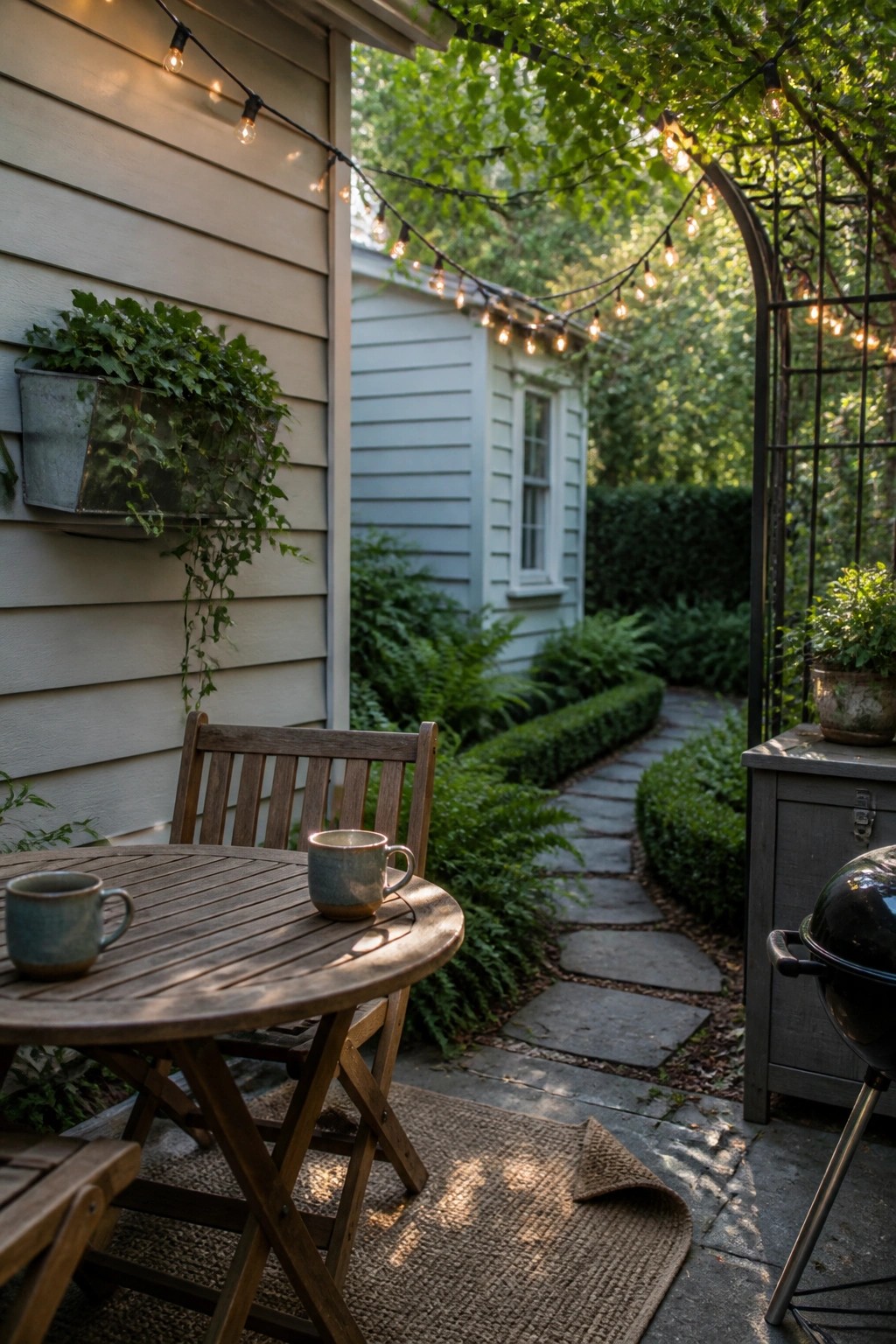 A round wooden patio table with two ceramic mugs sits on a woven rug beneath overhead string lights, next to a house wall with a wall-mounted planter and a stone garden path in the background.