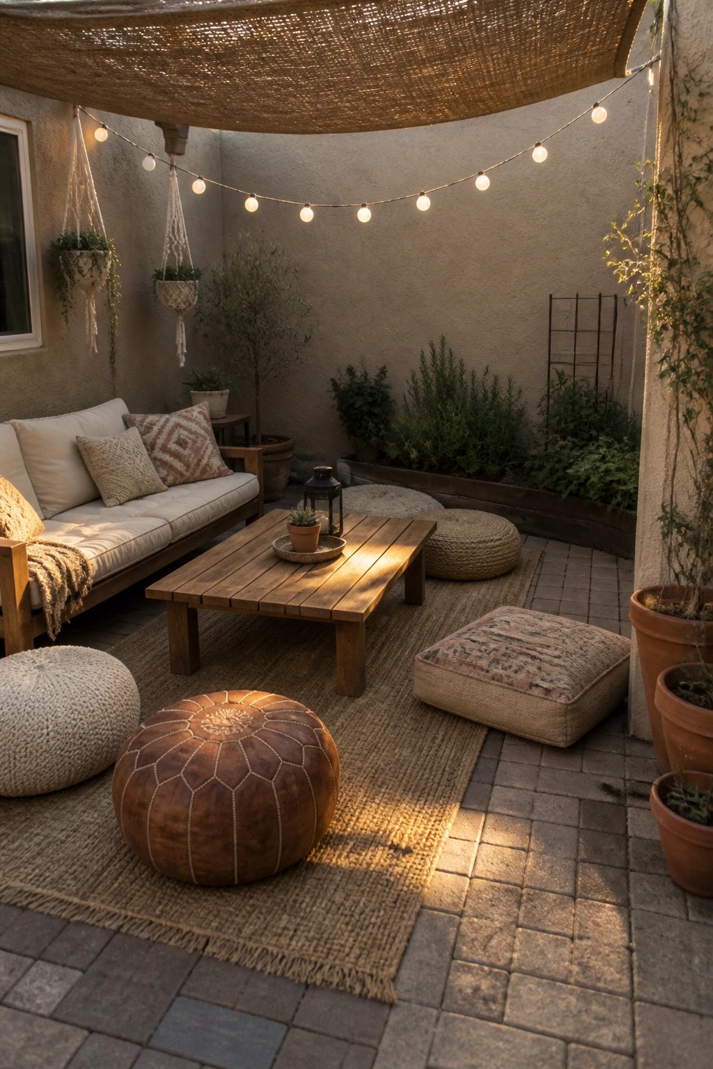 A patio with wooden furniture, woven poufs, a low table, and string lights hung beneath a woven shade overhead.
