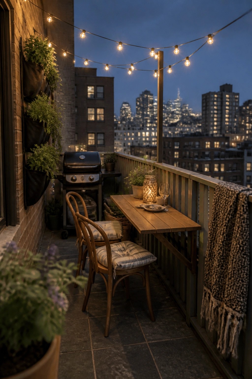 A narrow balcony at dusk with string lights strung overhead above a wooden table and two chairs, a grill nearby, and city buildings visible in the background.