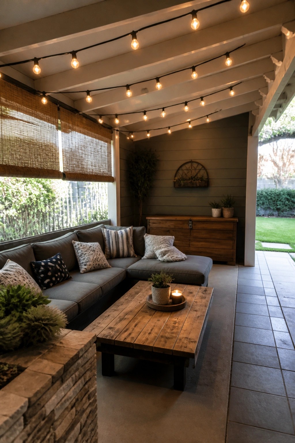 Cozy gray sectional sofa on patio with wooden table, string lights, and bamboo blinds