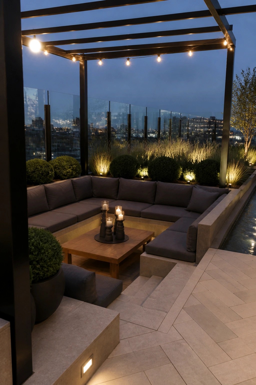 Rooftop patio at dusk with a dark metal pergola strung with warm string lights above a large L-shaped sectional, wooden table, and glass railing overlooking a city skyline.