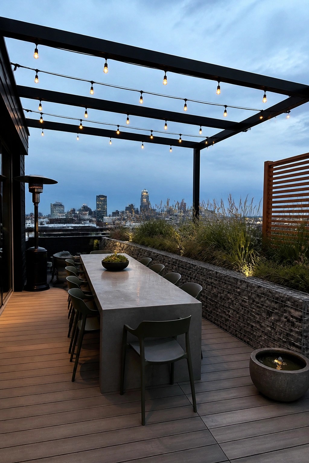 Rooftop terrace with concrete dining table, chairs, string lights, and city skyline at dusk