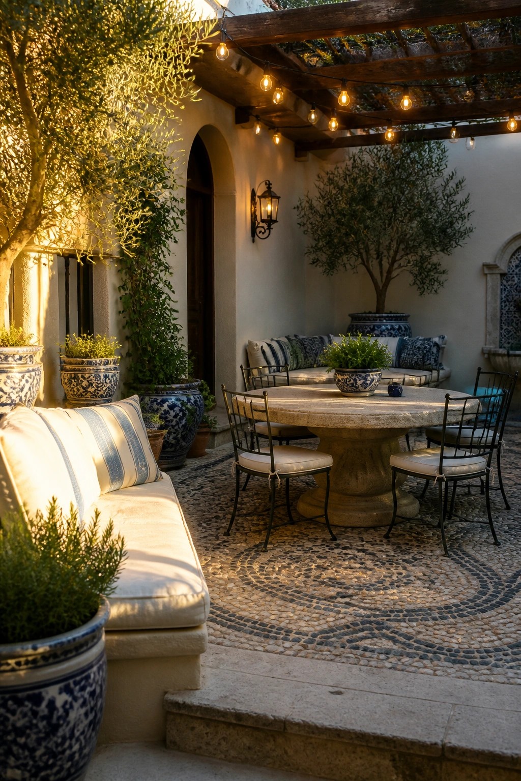 Outdoor patio with round stone table, black metal chairs, overhead wooden beams with string lights, potted plants, and cushioned seating along the wall.