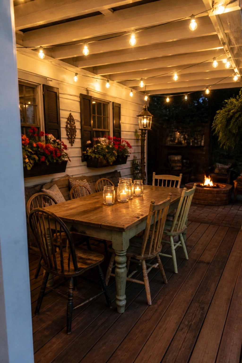 A wooden dining table with assorted chairs sits on a deck beneath overhead string lights, with a brick fire pit visible in the background.
