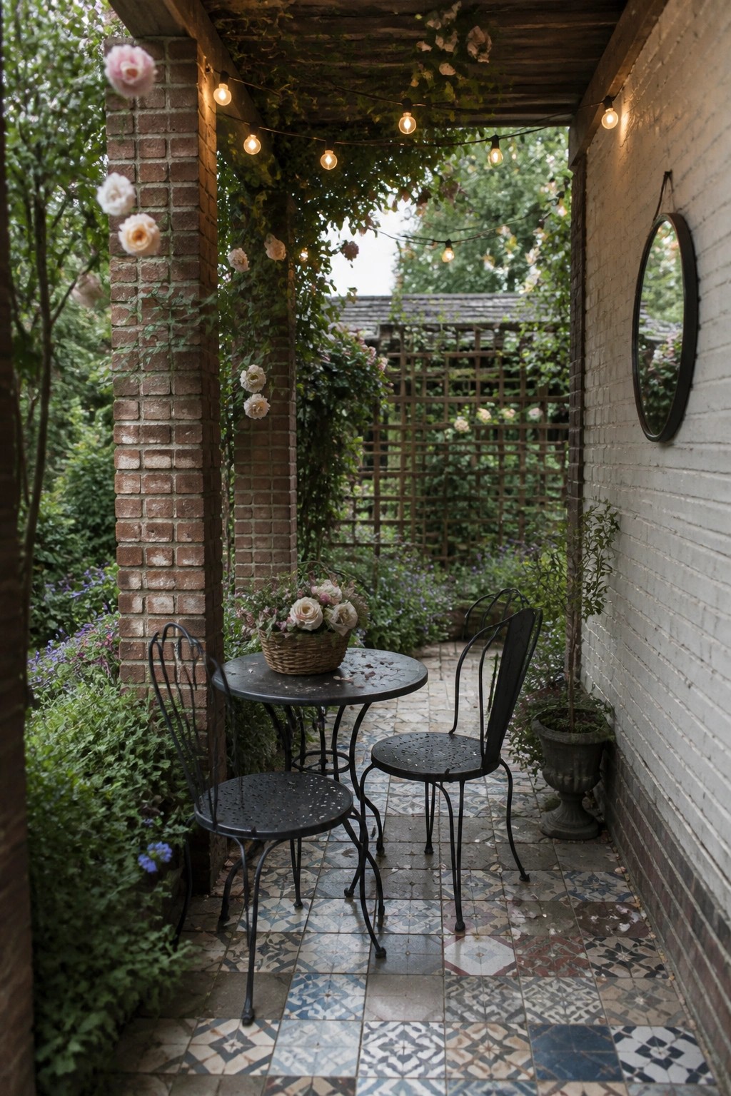 A small patio under a wooden ceiling with string lights, a round black metal table and two chairs on patterned tile, next to a brick pillar and white brick wall.