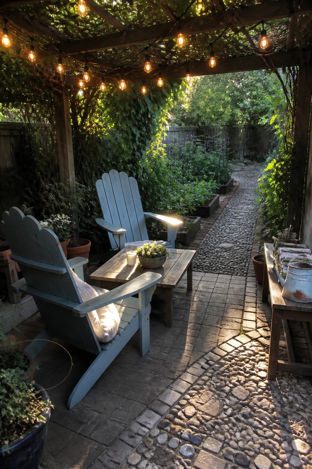 A stone patio under a wooden pergola covered with vines, featuring string lights, two blue Adirondack chairs, a wooden table, and potted plants.