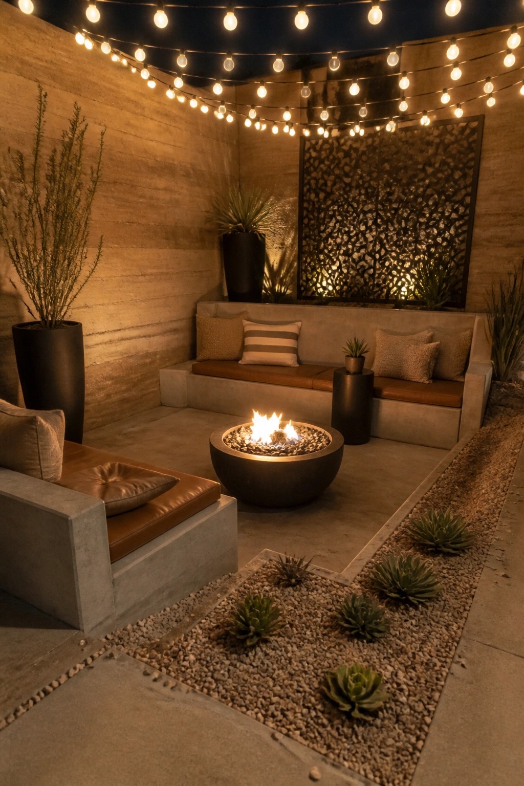 Outdoor concrete patio at night with built-in seating, a round fire pit, overhead string lights, and potted plants along the walls.