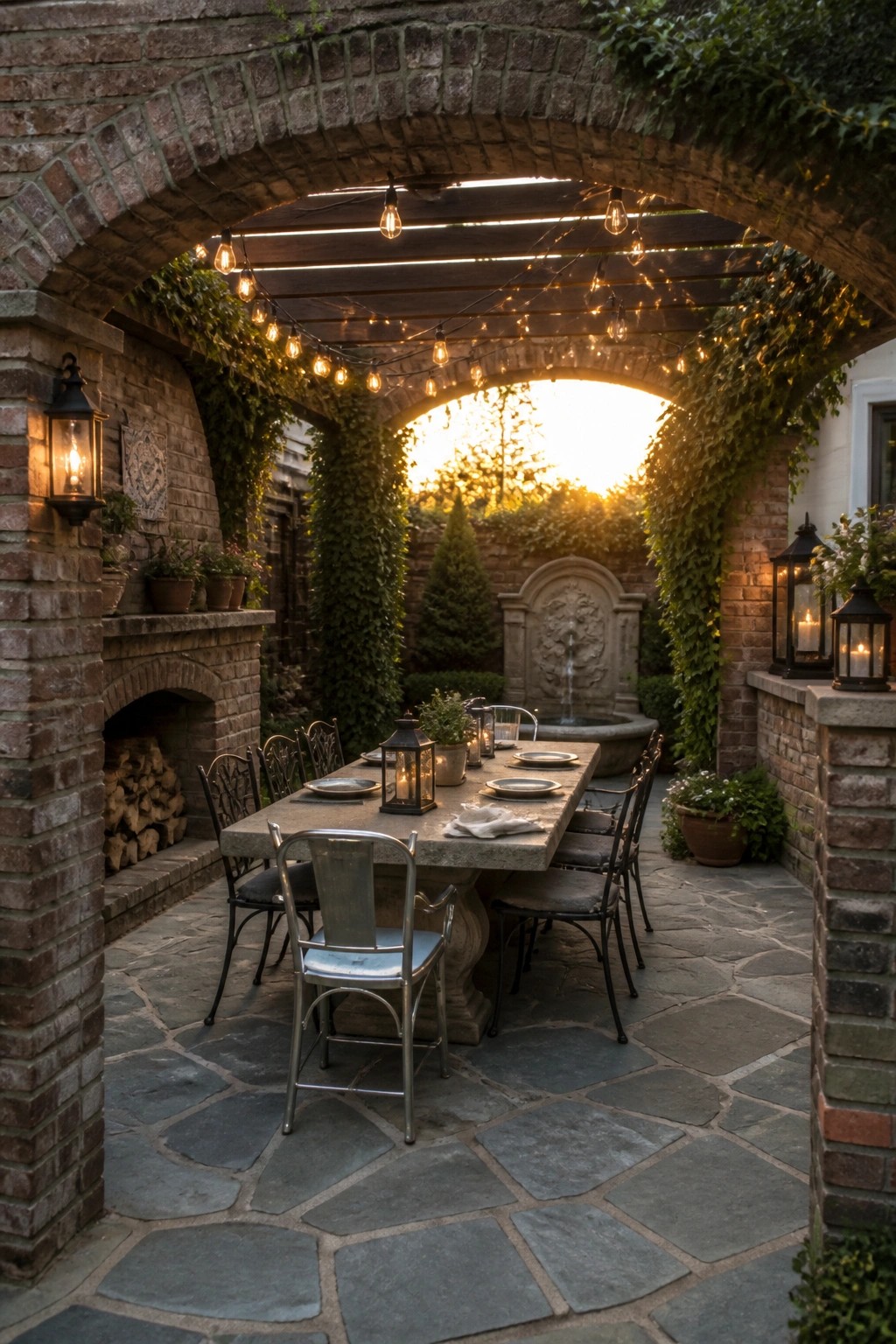 A stone dining table with metal chairs is set under a brick archway with string lights overhead, next to a brick fireplace and a stone fountain in the background.