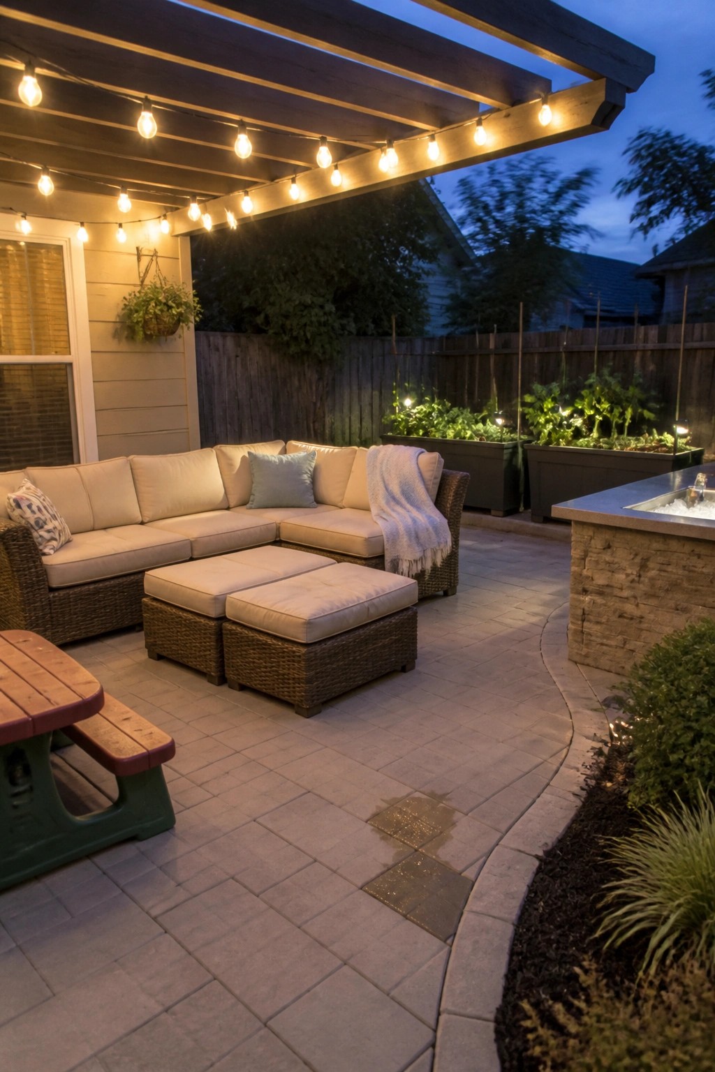 A backyard patio with a wooden pergola, string lights along the beams, a wicker sectional sofa, and two ottomans on a paved surface next to raised garden beds.