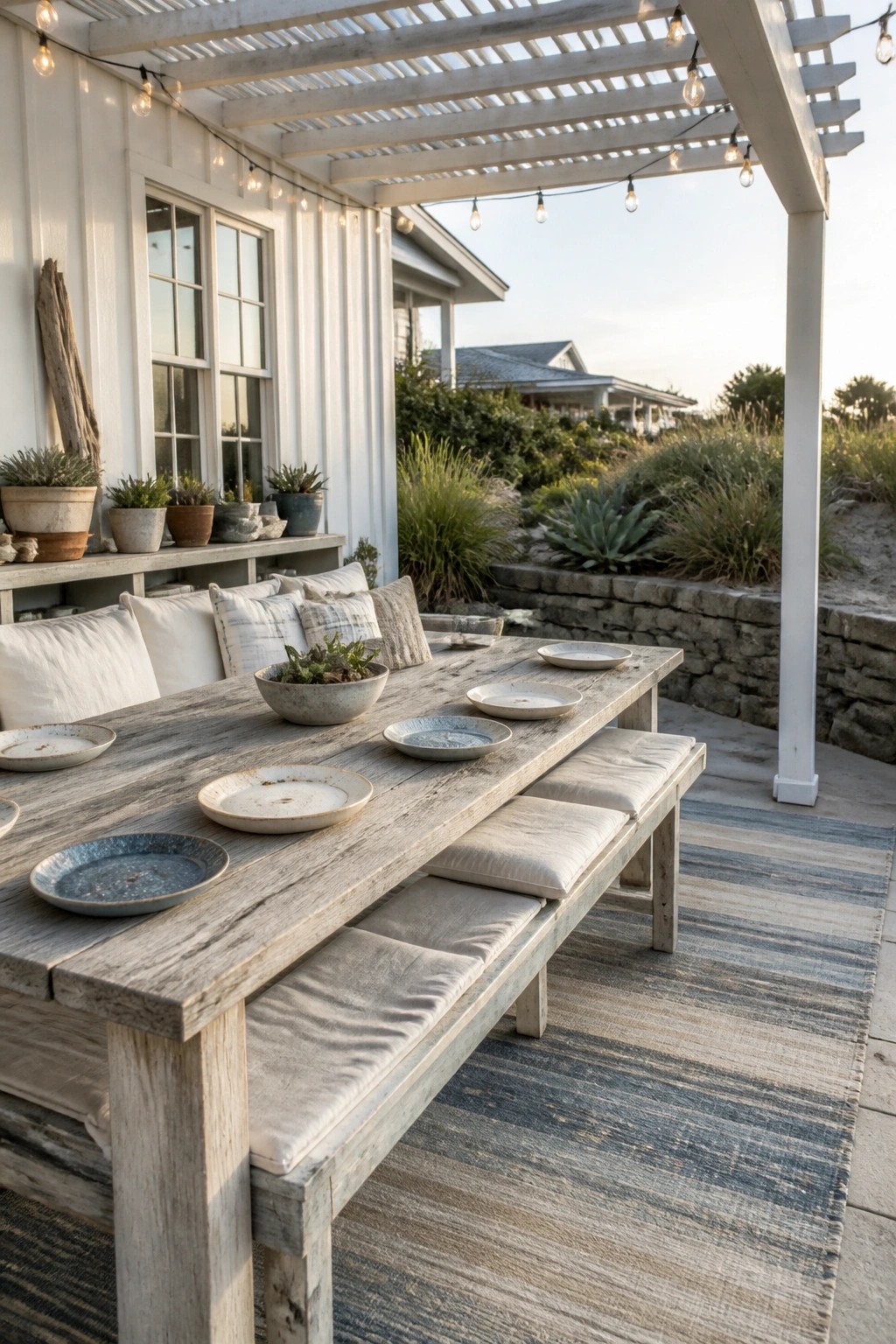 A long wooden dining table with benches set under a white pergola with string lights, overlooking a garden and stone wall.