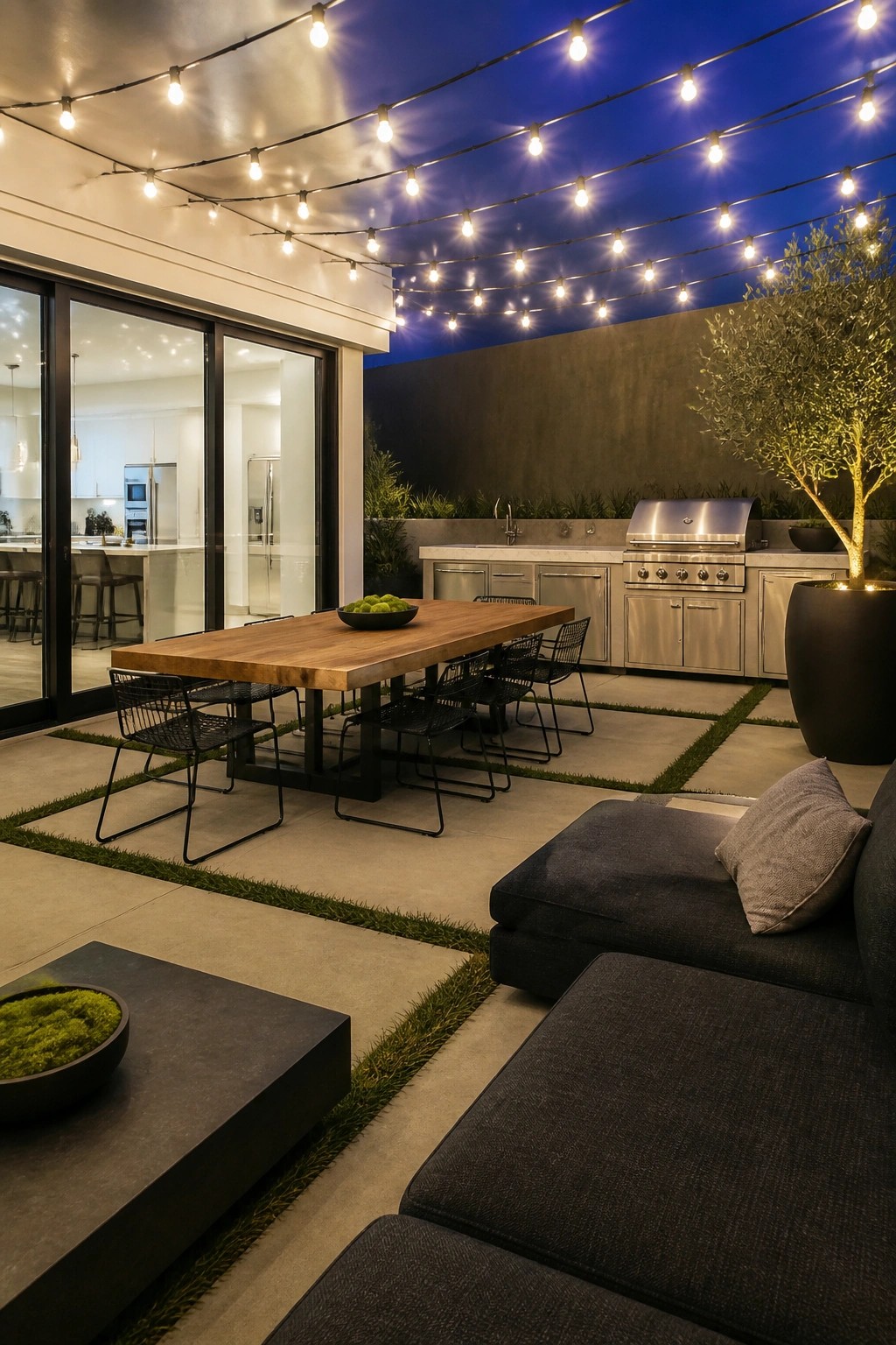 An outdoor patio at night featuring string lights overhead, a long wooden dining table with black wire chairs, an outdoor kitchen area, and a dark sectional sofa in the foreground.