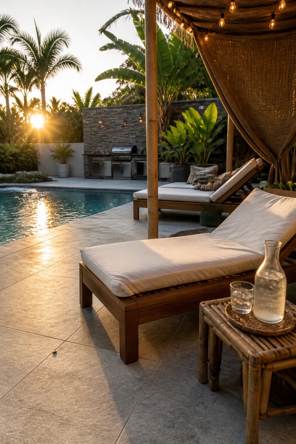 Wooden lounge chairs with white cushions beside a pool at sunset with string lights