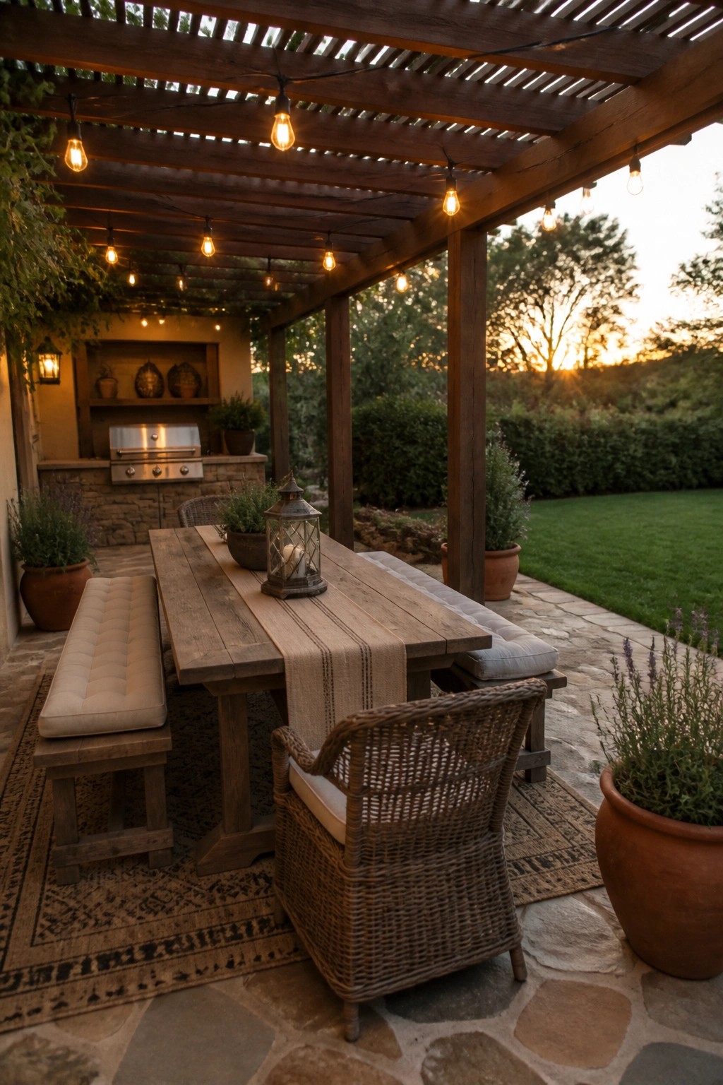 A wooden pergola with string lights over a long dining table and benches on a stone patio, with an outdoor kitchen visible in the background.