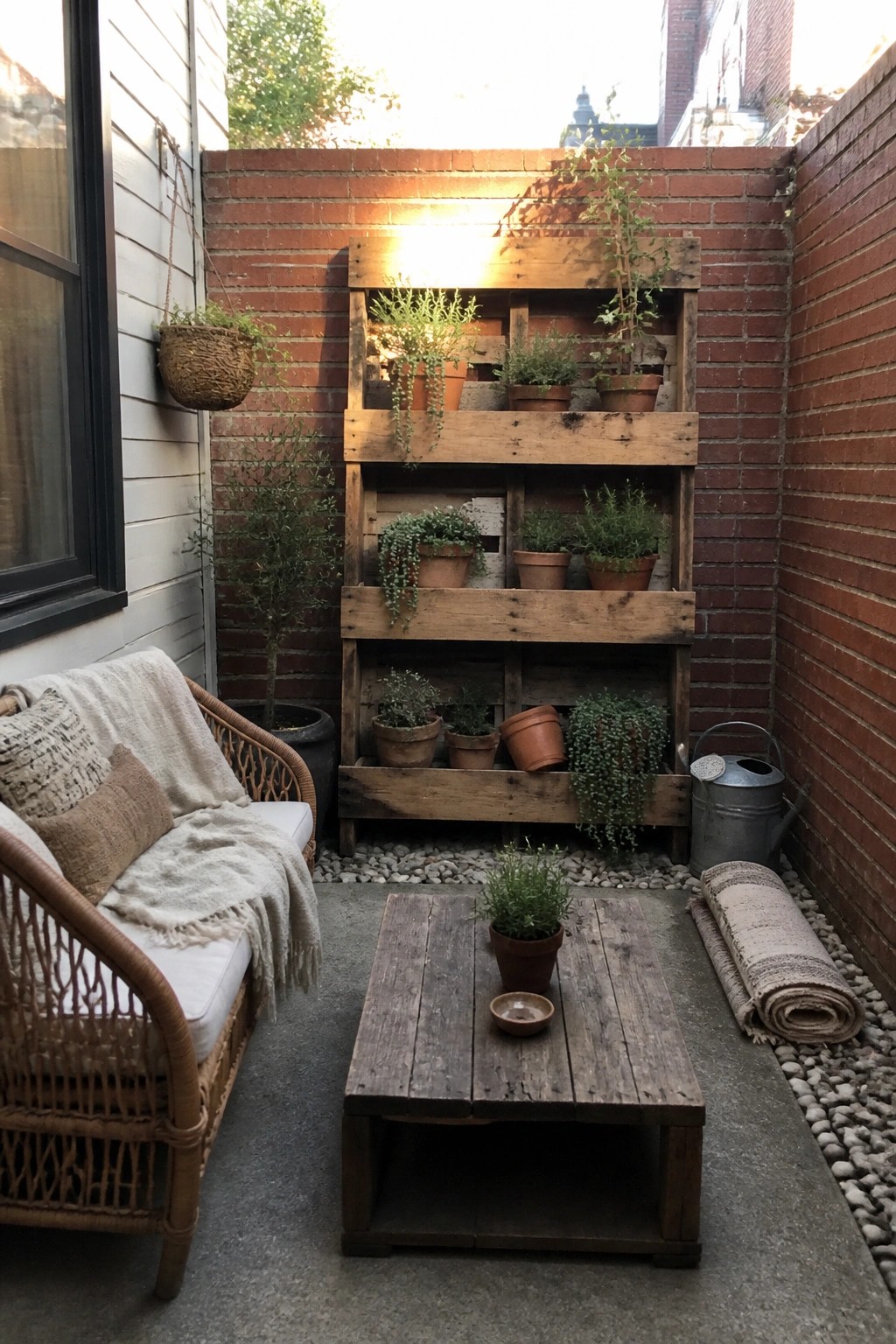 A compact patio with a multi-level wooden pallet planter holding numerous potted plants against a brick wall, alongside a wicker chair and low wooden table.