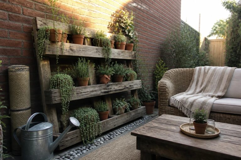 18 Compact Tiered Pallet Planter Ideas for Small Patios A compact patio with a multi-level wooden pallet planter holding numerous potted plants against a brick wall, alongside a wicker chair and low wooden table.