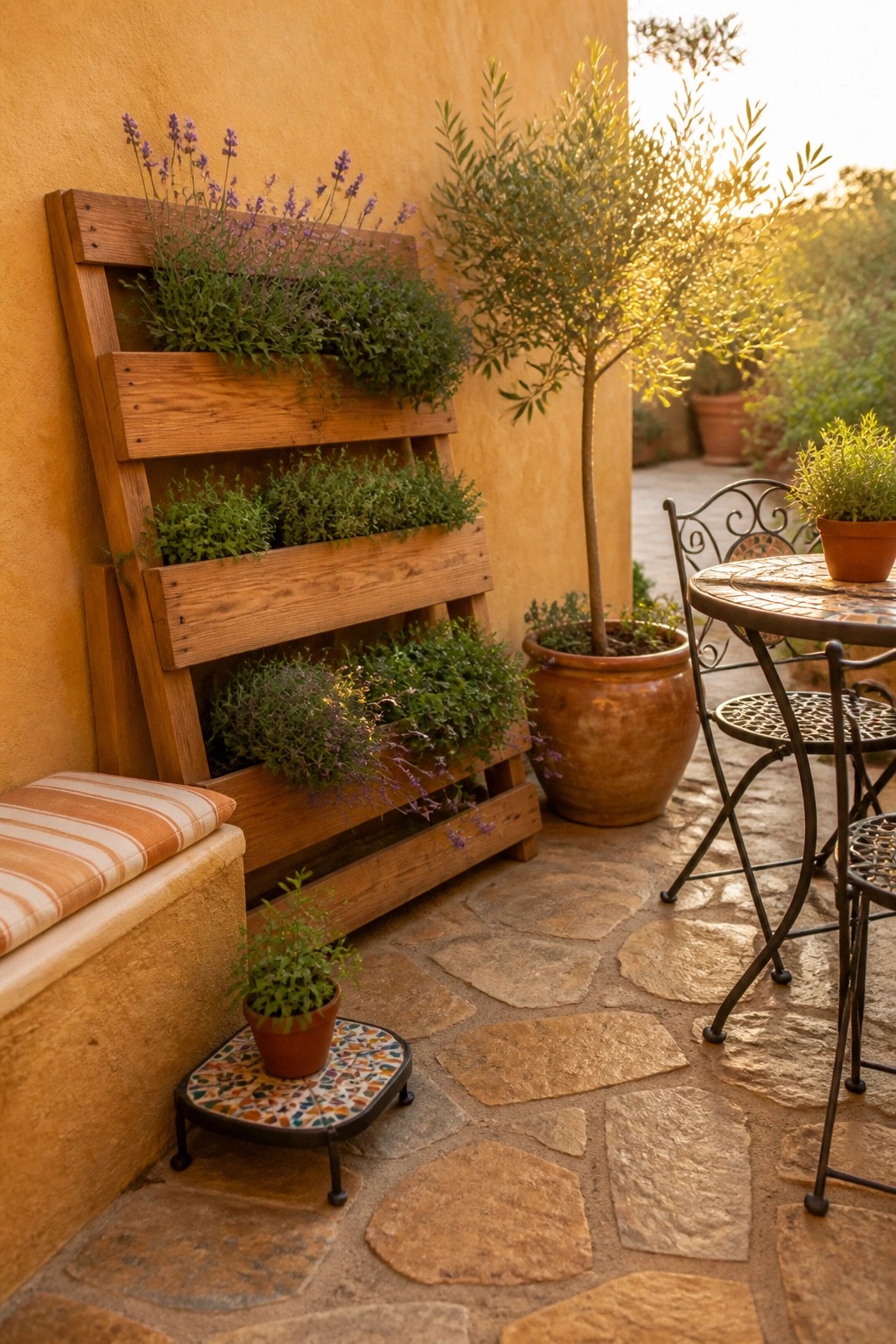 A wooden pallet with three tiers of green plants and purple flowers leans against a warm stucco wall on a stone patio, next to a large terracotta pot and a metal patio table.