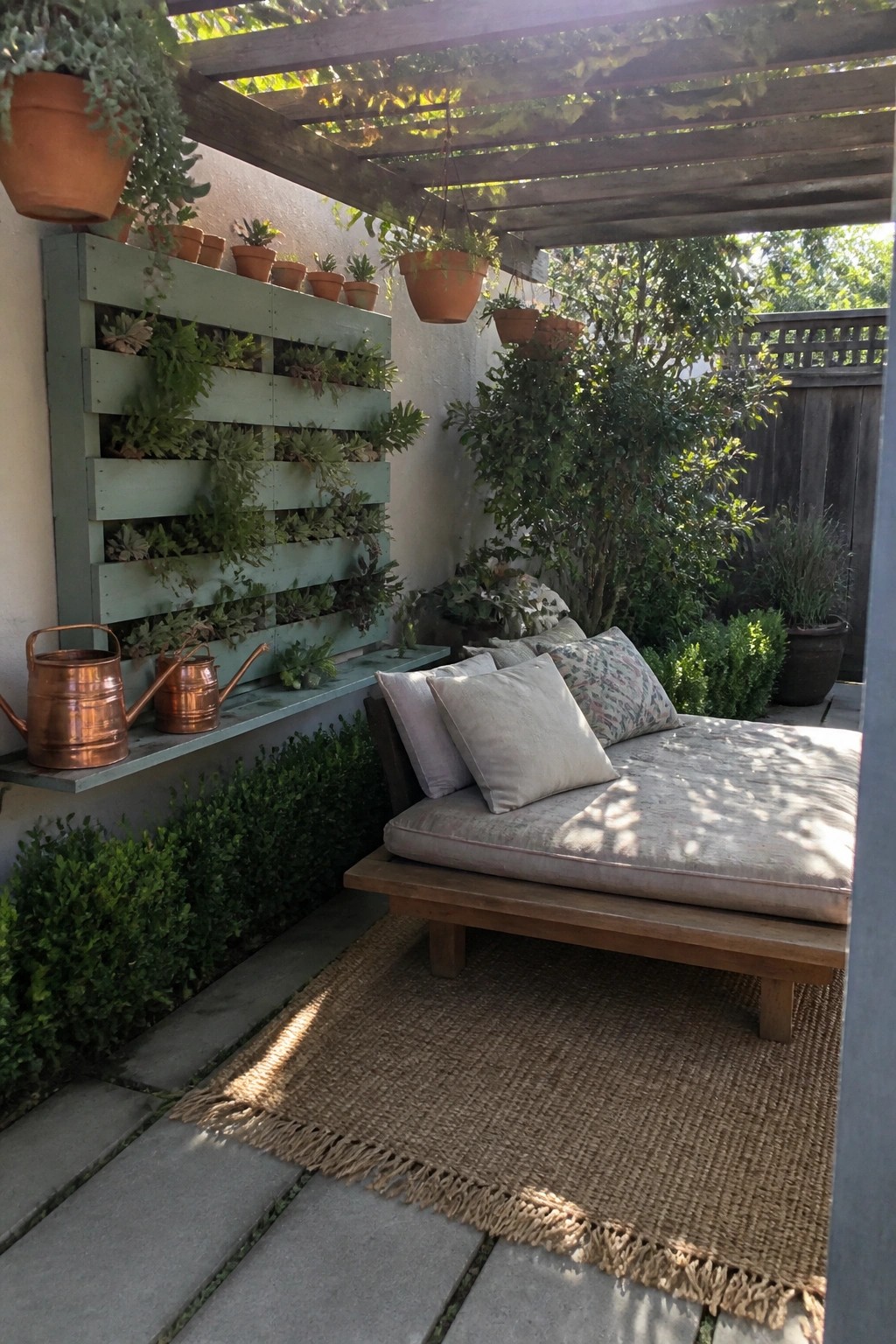 A green painted wooden pallet mounted vertically on a patio wall holds rows of assorted green plants, with copper watering cans placed on a ledge below it.