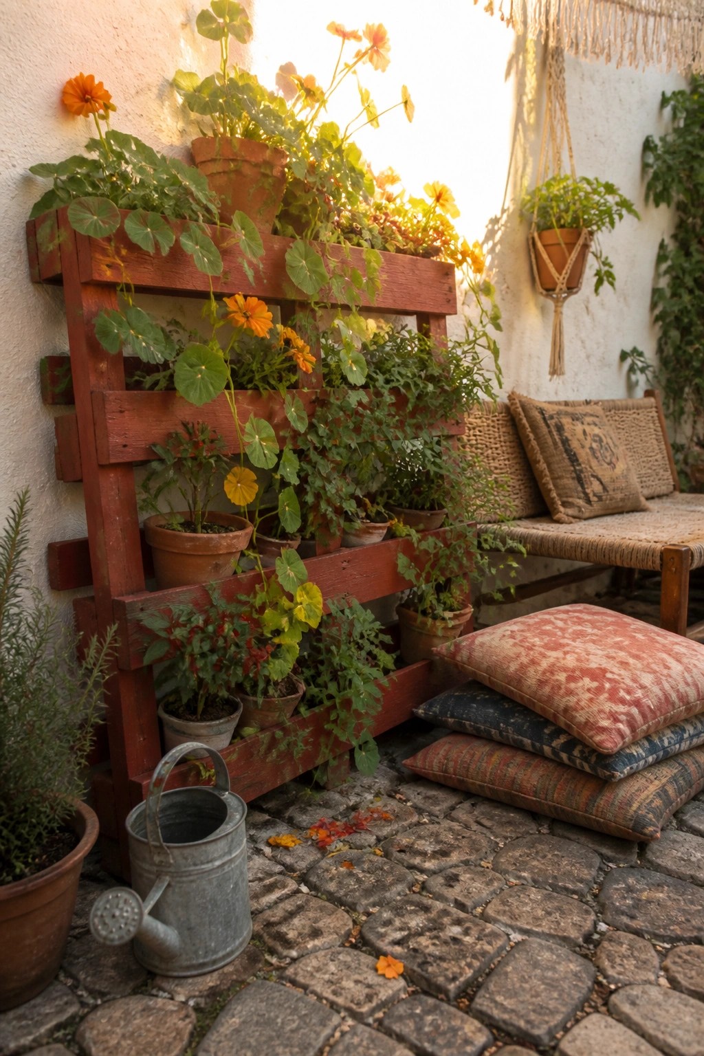 A red wooden pallet mounted on a white wall holds multiple terracotta pots with green plants and orange flowers, next to a bench with cushions on a cobblestone patio.