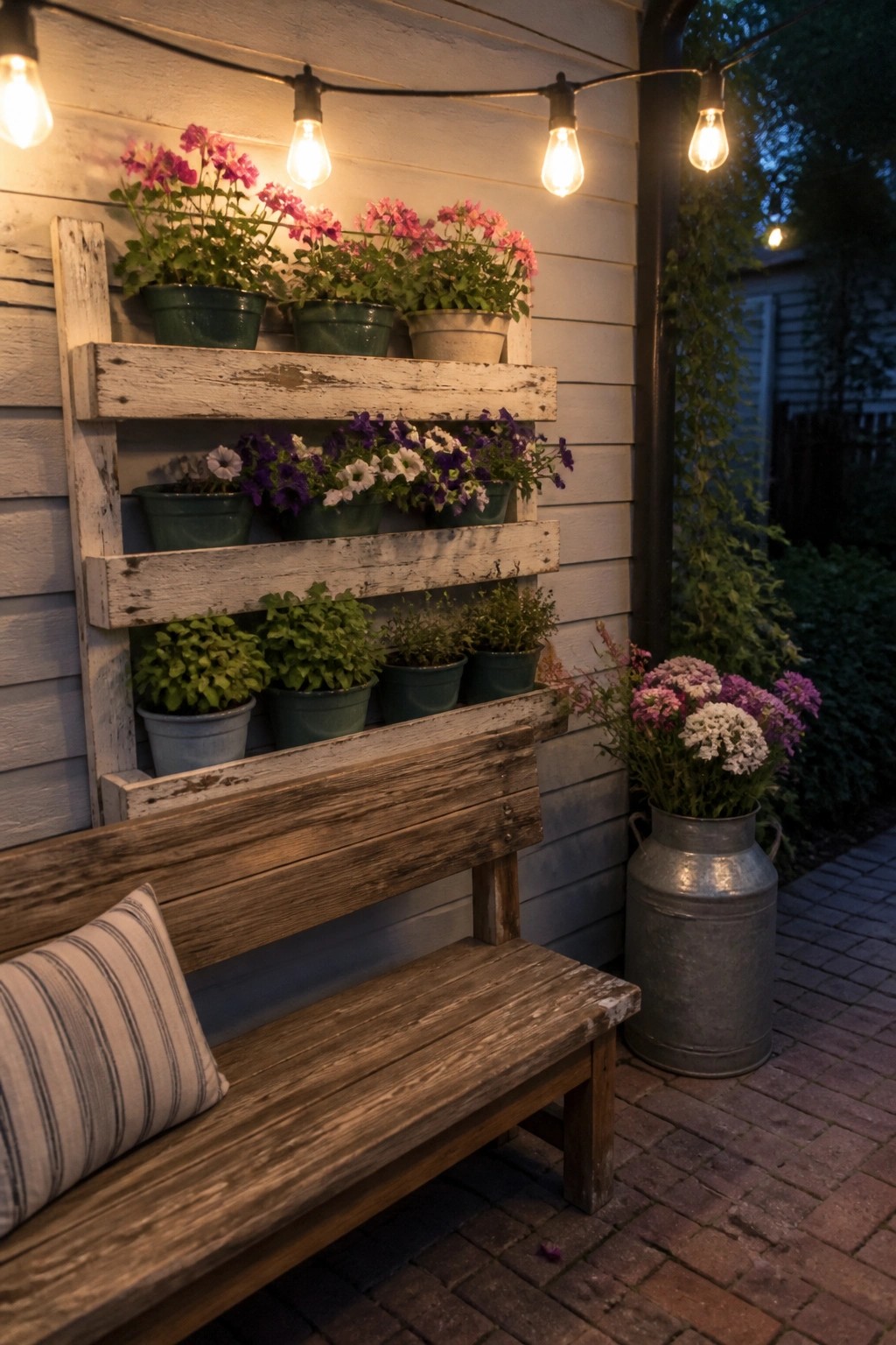 A wooden bench sits below three tiers of whitewashed pallet shelves mounted on a house wall, each shelf holding several potted plants with string lights above.