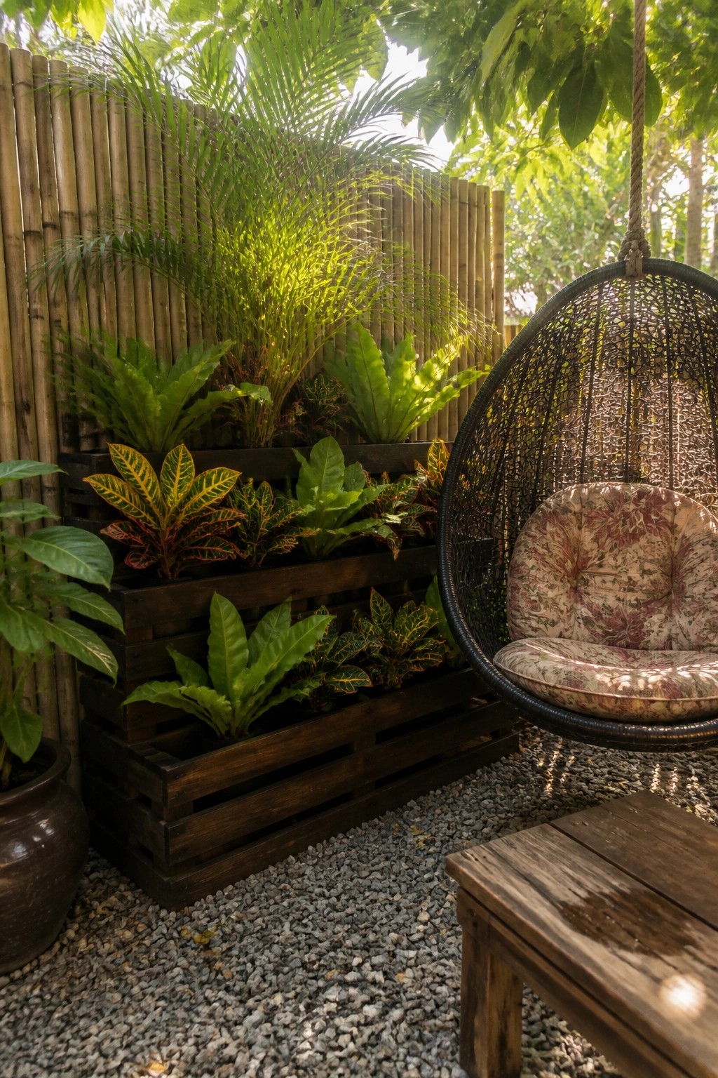 Hanging wicker chair with floral cushions beside wooden planters of tropical plants on gravel