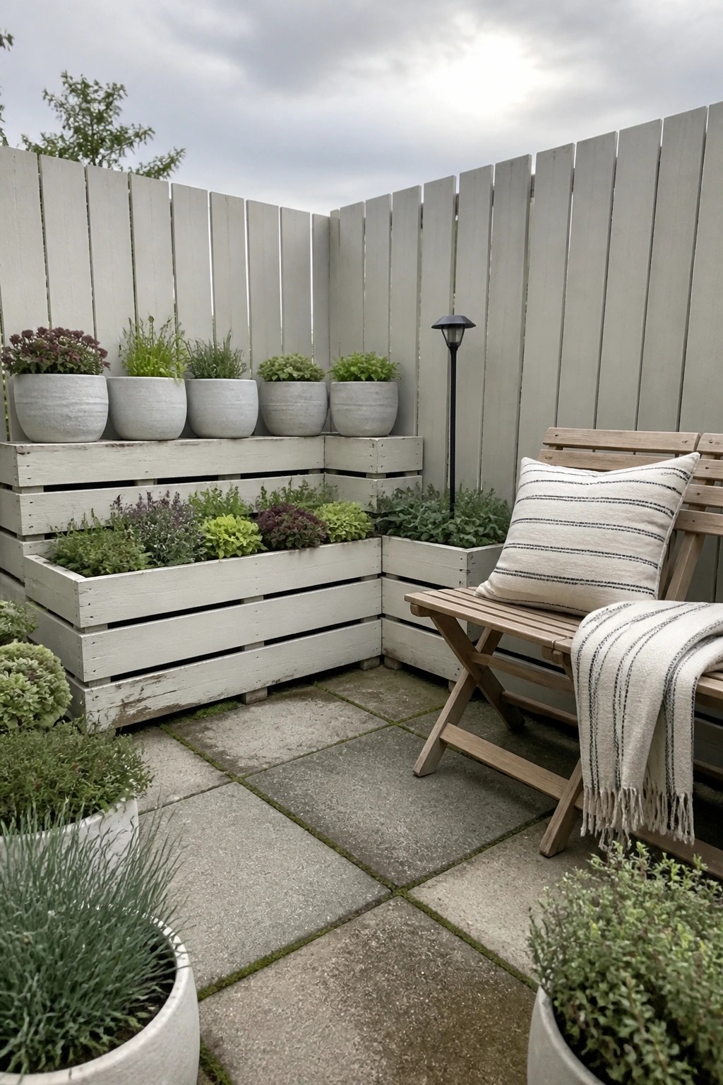 A corner patio with white painted wooden pallet structures used as tiered planters filled with various green and purple plants, a wooden bench with a striped pillow, and concrete pavers.