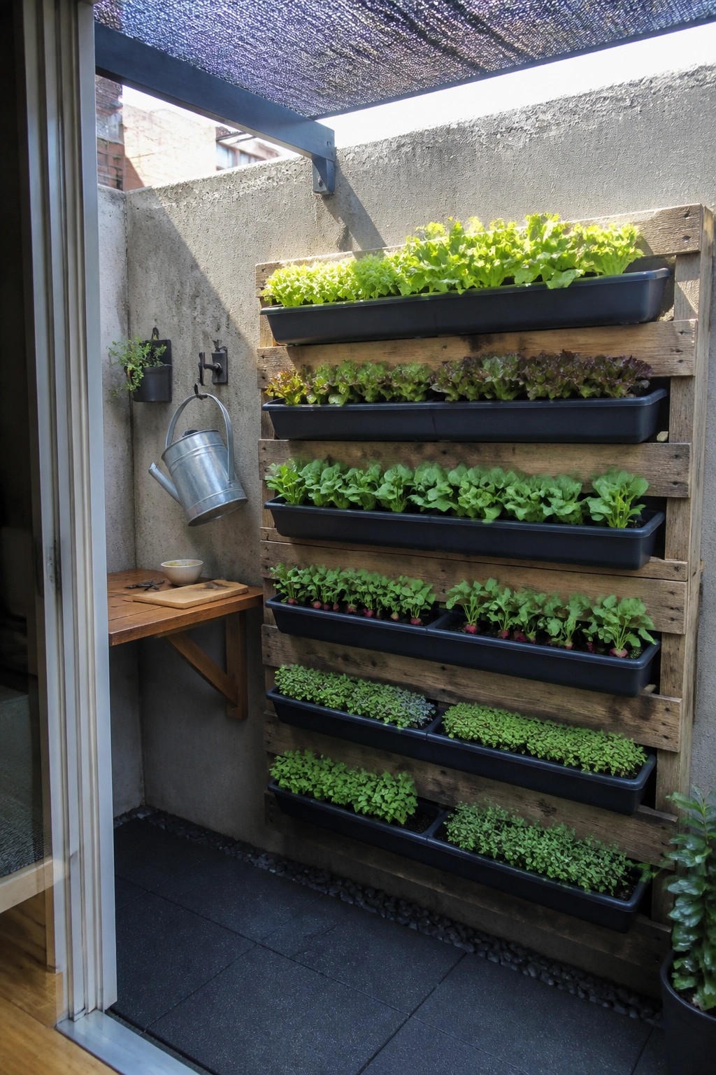 A wooden pallet mounted on a concrete wall holds multiple black trays of leafy greens and herbs on a small tiled patio.