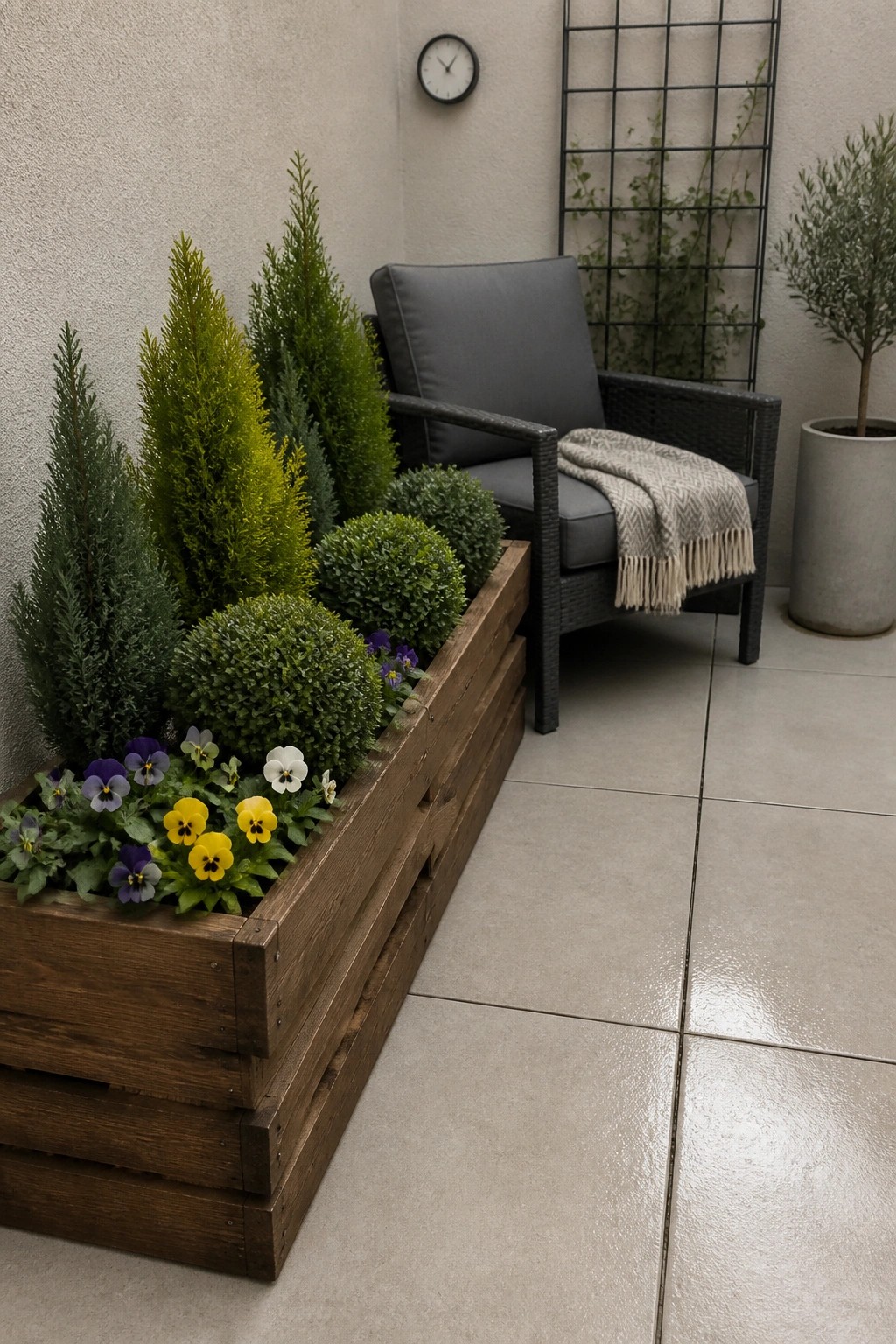A long tiered wooden pallet planter filled with layered shrubs, evergreens, and flowers sits on a tiled patio next to a gray outdoor chair.