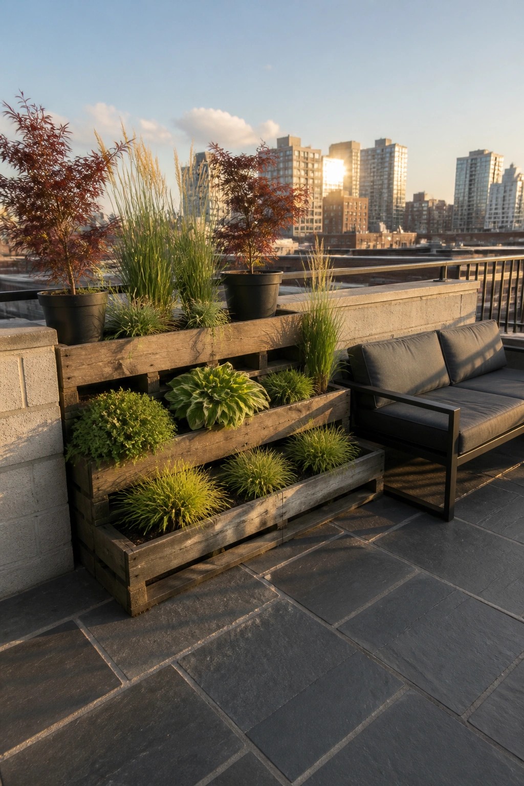 Rooftop terrace with wooden pallet planter full of plants beside gray sofa overlooking city skyline