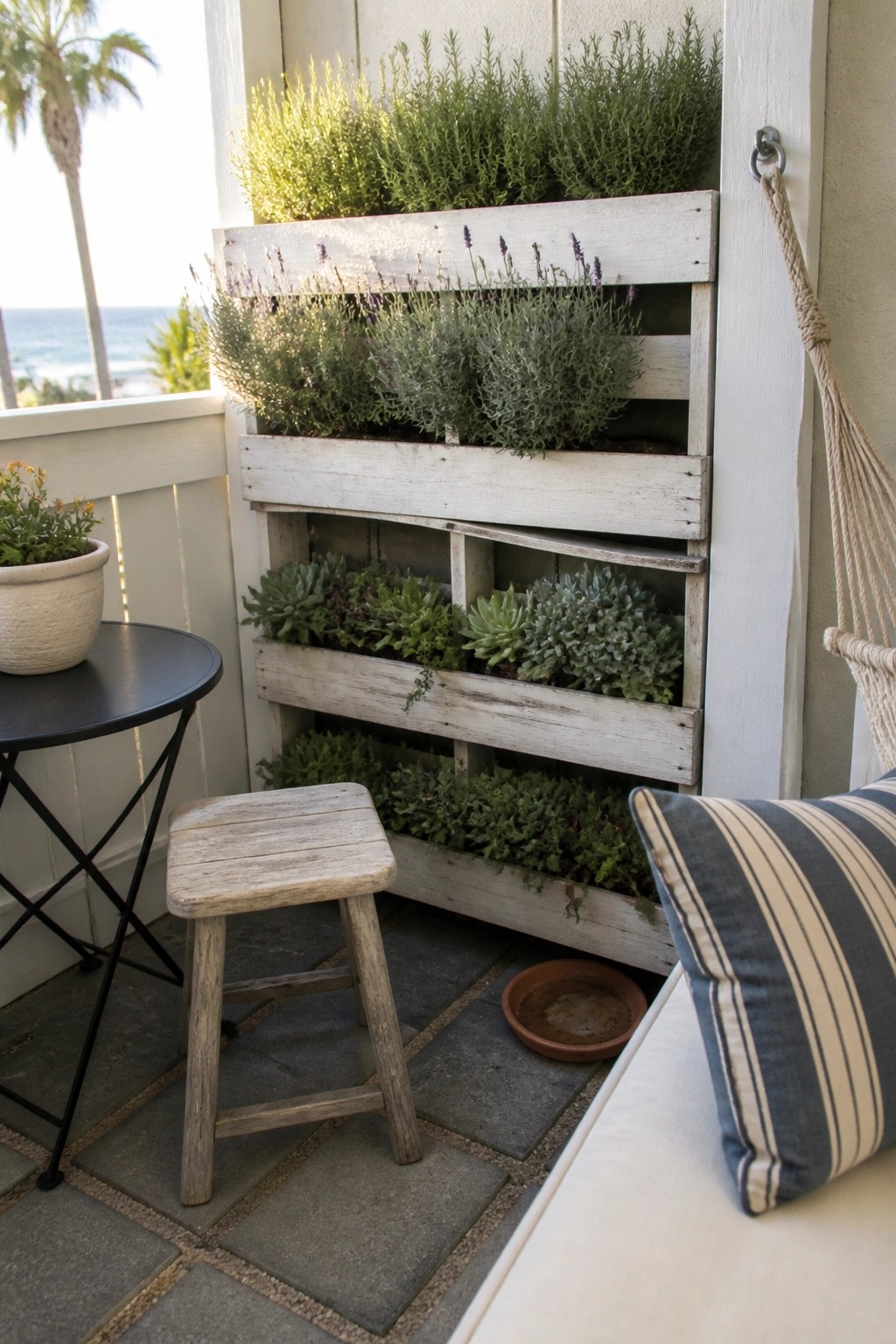Rustic white pallet planter with lavender and succulents near stool on ocean-view patio