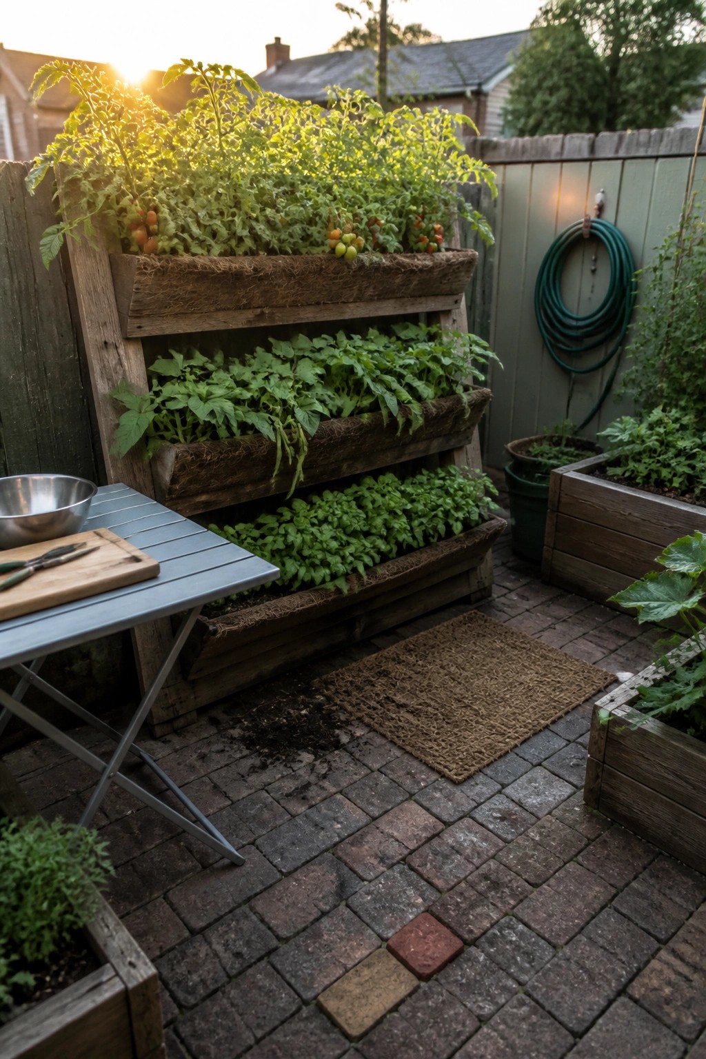 Wooden tiered pallet planters filled with tomato plants and leafy greens stand on a brick patio beside a folding table.