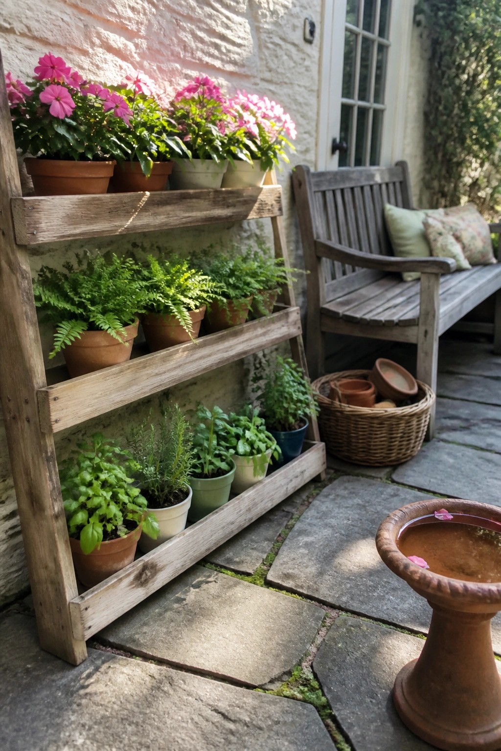 A multi-tier wooden pallet planter holds rows of potted plants on a stone patio beside a wooden bench.