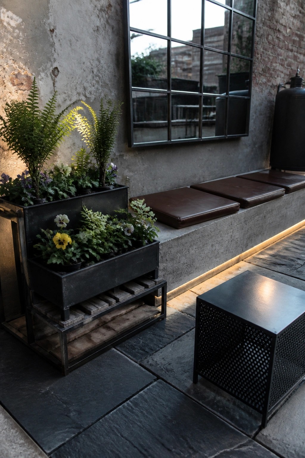 Black tiered metal planters with multiple levels of green plants and flowers sit on a stone patio beside a concrete bench with brown cushions.