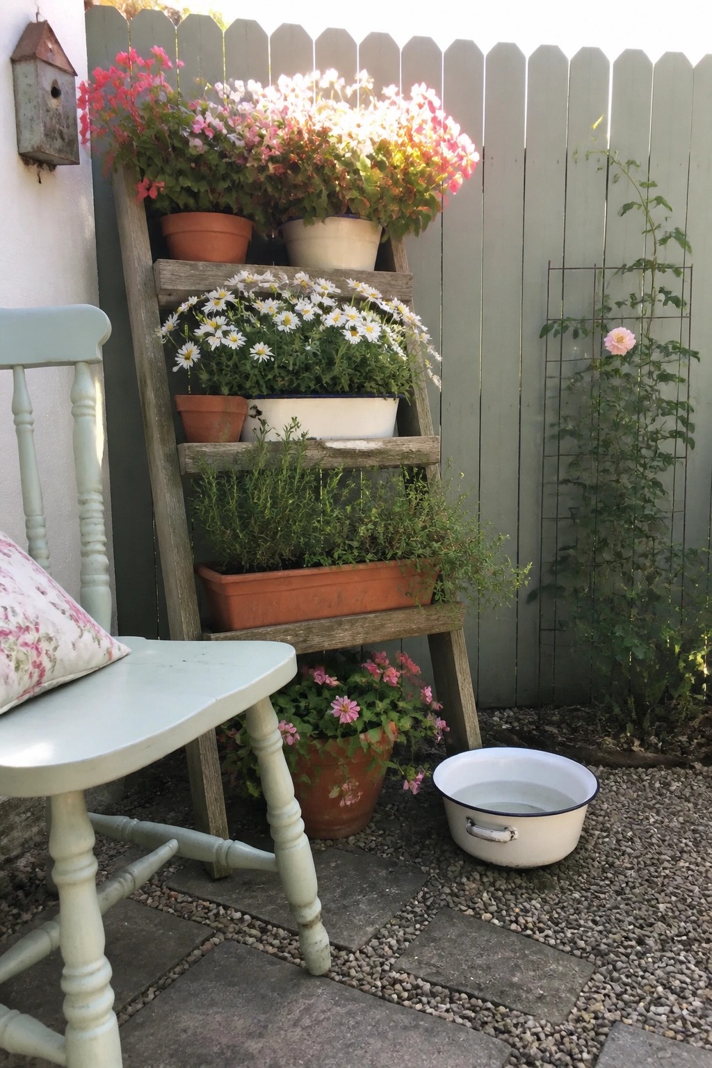 A wooden ladder holds several potted plants on its steps in a gravel patio area beside a light blue chair.