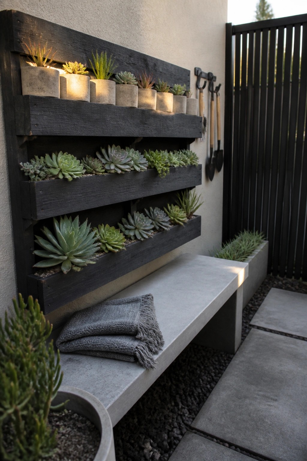 A dark wooden pallet mounted on a stucco wall holds three tiers of succulents in concrete pots above a concrete bench on a paved patio.