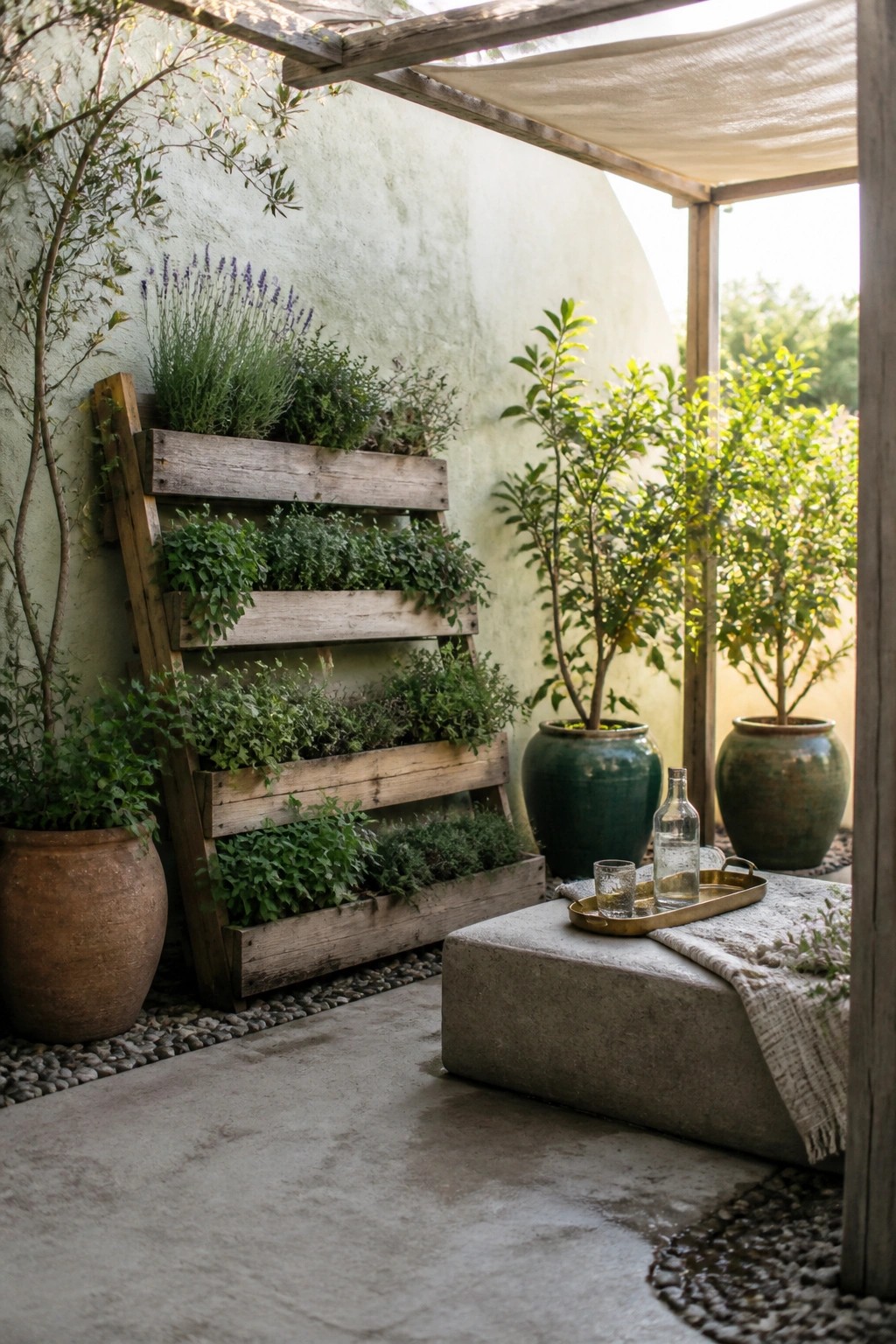 A weathered wooden pallet leans against a light-colored wall, holding several rows of green plants and herbs beside large ceramic pots on a pebble-covered patio.