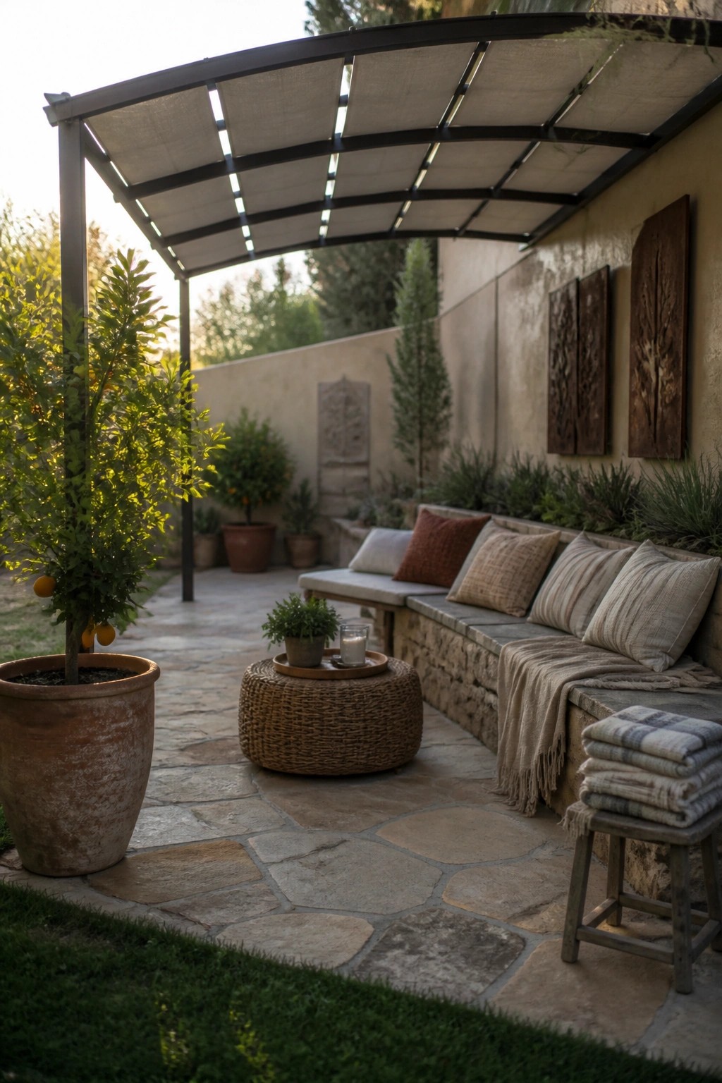 A covered outdoor patio with a long stone bench lined with neutral cushions, a woven ottoman in the center, and a large potted citrus tree on flagstone flooring.