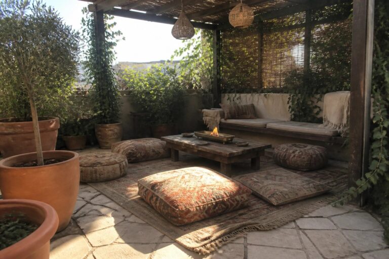 20 Cozy Boho Patio Ideas Built Around Floor Cushions and Low Seating Outdoor patio with multiple patterned floor cushions on woven rugs arranged around a low wooden table with a fire bowl, under a pergola with hanging lanterns.
